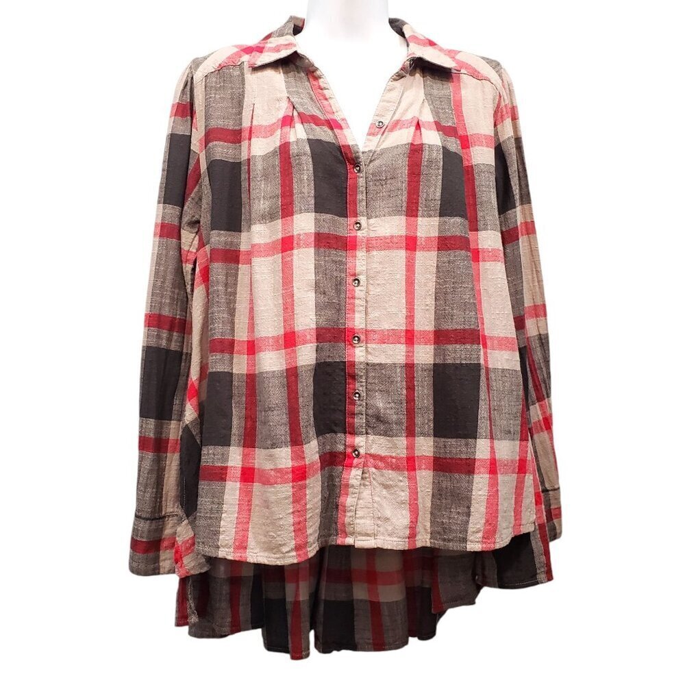 Free People Plaid Hi Lo Tunic Top Ruffle Back Hem‎ Cotton Boho Hippie Size XS